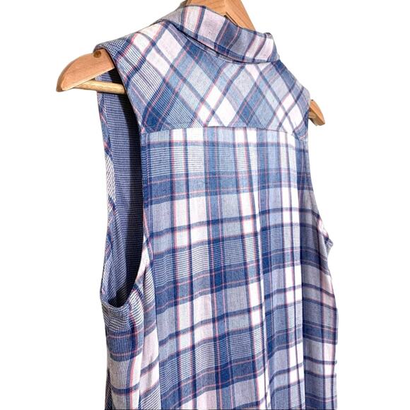 Cloth & Stone Plaid Sleeveless Button Down Collared Mini Shirt Dress Blue Small - Picture 4 of 8